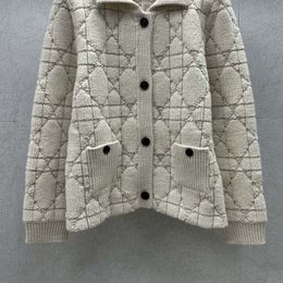 Women's Knits Tee Solid Wool Knitted Cardigan Coat Fashion Runway Single Breasted Lapel Vine Plaid Jacket Ladies Simple Beige Clothing 230925