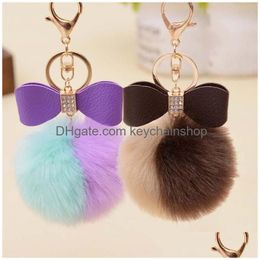 Key Rings Fluffy Pom Keychains Faux Rabbit Fur Rhinestone Chain Bow-Knot Pompom Keyring Holder Women Car Charm Bag Gifts Drop Delivery Dhokc