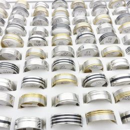 Whole 100PCs Lot Stainless Steel Band Rings Black Gold Silver Striped Patterns Mix Styles Fashion Jewellery Party Gift264q