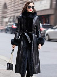 Women's Leather 2023 Classic Fashion Patty Genuine Down Coat Mid Length Sheepskin Hair Hooded Slim Fit Fur
