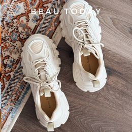 Dress Shoes BeauToday Chunky Sneakers Women Genuine Leather Mesh Patchwork Round Toe Lace-Up Thick Sole Ladies Shoes Handmade 29448 230926