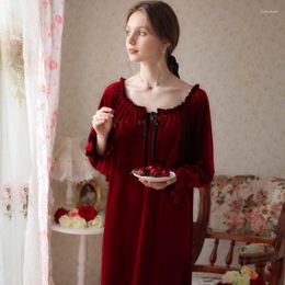 Women's Sleepwear Burgundy Autumn Winter Female Velvet Long Nightdress Bathrobe Retro Home Dress Loose Sexy Ruffle Sleeve Nightwear