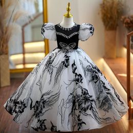 White Black Ball Gown Flower Girl Dresses For Wedding Pearls Beaded Butterfly Pageant Gowns Orange Sheer Bateau Neckline Tulle Princess Party First Communion