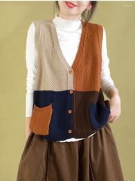 Women's Vests Autumn Knitting Jacquard Vest Women Retro V-Neck Button Sleeveless Casual Tops