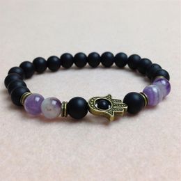 SN0440 8mm Black Matte Onyx Bracelet For Men Antique Bronze Hamsa Charms bracelets Amethyst crystal bracelet2894