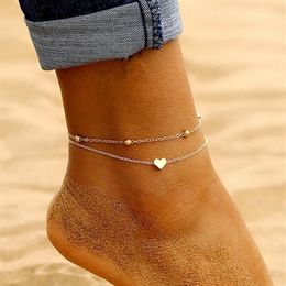 Simple Heart Ankle Layering Pendant Anklet Beaded Foot Jewellery Summer Beach Anklets On Foot Ankle Bracelets For Women Leg Chain1288Y