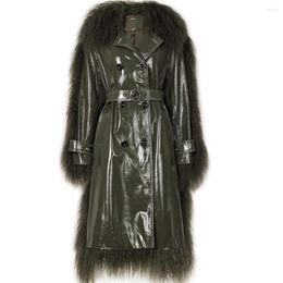 Frauen Leder YOLOAgain 2023 Herbst Mode Glänzenden Patent Graben Mantel Frauen Echt Mongolei Schafe Pelz Jacke Damen Oberbekleidung