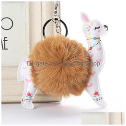 Key Rings Fluffy Fur Ball Alpaca Keychain Leather Animal Keyring Charm Artificial Rabbit Pompom Chains Women Jewellery Accessories Drop Dhvgo