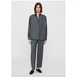Women's Pants Nordic Niche Wool Gray Striped Pointed Collar Drop Shoulder Silhouette Shirt High Waisted Straight Leg Wide Suit