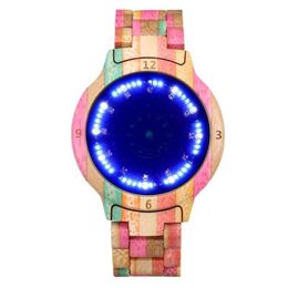 Colorful Wooden Watch For Male Unique LED Display Light Touch Screen Men's Women Clock Night Vision Fashion Wristwatches281f