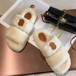 Designer Fur Slippers Wool Slides Flat Sandals Women Soft Winter Luxury Plush Fur Rubber Sole Shoes With Box NO482