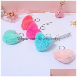 Key Rings Pompom Love Heart Soft Faux Rabbit Fur Ball Keychains Fluffy Car Keyrings Pendants Jewellery Valentines Gift Drop Delivery Dhpch