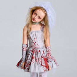 Halloween costume for Children Adult Scary Grey Bloodstained ghost bride masquerade ball dress with halter pommel skirt