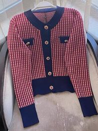 Women's Knits Red Plaid Cardigan Crop Top Fall Women Cropped Sweater Coat Full Round Neck Diamond Buckle Knit Elegant Tops