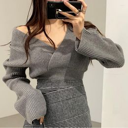 Women's Sweaters Women Pullover Slim Sueter Mujer Grunge Sexy Cross V-neck Off Shoulder Waist Short Knit Top Grey Sweater Y2k Bottom