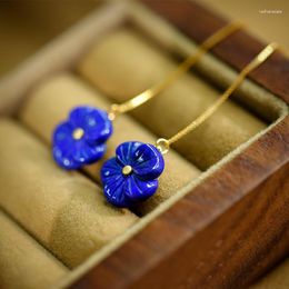 Dangle Earrings Ancient Gold Crafts Exquisite Long Chain Earings In Lapis Lazuli Vintage Blue Flower For Women Wedding Jewelry