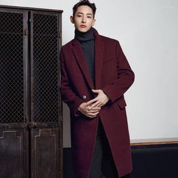 Men's Wool Coat Men's Woolen A Button Wine Red 2023 Autumn And Winter European American Youth Retro Medium Long Slim