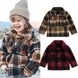 Coat Focusnorm 16y Autumn Winter Kids Girls Jacket Outwear 2 Färger Plaid Långärmning Single Breasted Fuzzy 231024