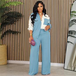 Women's Two Piece Pants Znaiml Fashion Fall Winter Long Sleeve Shirt Top And Wide Leg Set Pockets Colour Women Birthday Matching Outfits