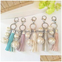 Key Rings Fashion Elegant Mticolor Pu Leather Tassel Keychain With Winding Imitation Pearl Pendant Women Girls Bag Hanging Drop Delive Dhtqk