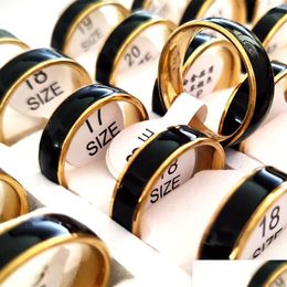 Band Rings 30Pcs High Polished Quality Black Enamel 6Mm Stainless Steel Gold For Men Women Elegant Classic Jewellery Drop Delivery Ring Dhfdp