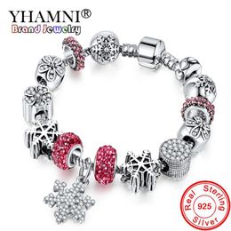 YHAMNI Antique 925 Silver Wedding Vintage Jewellery Charm Bracelet & Bangle With Snowflake Pendant Crystal Beads for Women YB211248n