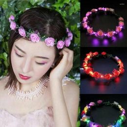 Decorative Flowers Fabric Flower Wreath Headband Adjustable Luminescent Illuminated Headgear Iron Wire Fixation 3 Light Emitting Modes Party