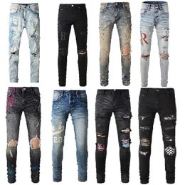 designer jeans for mens jeans uomo men pants perforated embroidery patchwork ripped trend brand motorcycle pants skinny fashion elastic slim fit pants size 28-40