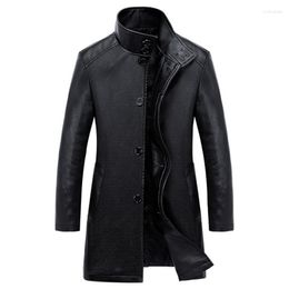 Men's Fur Luxury Trench Leather Coat Mens Single Breasted Business Casual Jacket Male Black Long PU Big Size 4XL