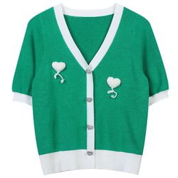 805 2023 Runway Summer Brand SAme Style Sweater Short Sleeve V Neck Cardigan Green Fashion Clothes High Quality Womens mingmei