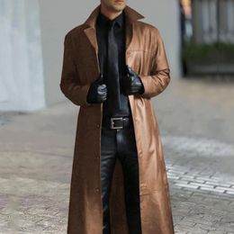 Men's Trench Coats Men Faux Leather Jacket Long Coat Stylish Windproof Streetwear with Turndown Collar 230925