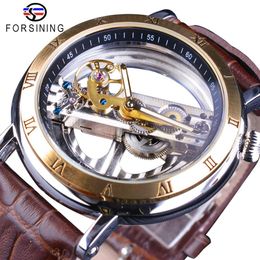 Forsining Double Side Transparent Brown Leather Waterproof Automatic Mens Watches Top Brand Luxury Skeleton Creative Wristwatch2650