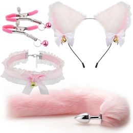 Anal Toys Sex Plug tail Bow Metal Butt Cute BowKnot Soft Cat Ears Headbands Erotic Cosplay Couples Accessories 230925