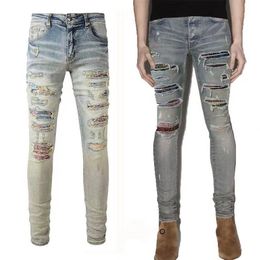 Designer jeans för män jeans uomo män perforerat broderi lapptäcke rippade trend märke motorcykel byxor mens mager mode elastiska smala passformar byxor