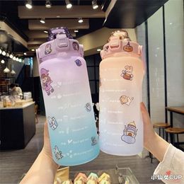 2 Litre Large Capacity Motivational With Time Marker Fitness Jugs Gradient Colour Plastic Water Bottle Frosted Stickers Cup 22268h