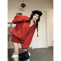 Women's Tracksuits Autumn Winter Women Suits Mori Girl Red Sweater V-neck Full Sleeve Loose Tops Short Pants Knitted Suit 2 Piece Set