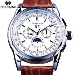 Forsining Moonphase Calendar Display Brown Leather ShangHai Automatic Movement Mens Watches Top Brand Luxury Mechanical Watches225h