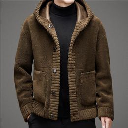 Men's Leather Faux Winter Coat Fur OnePiece DoubleSided Wear Cut Cashmere Hooded Jacket Short Pelleted Plus Size Clothing 230925