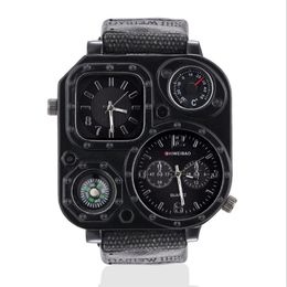 GMT Dual Time Military Mens Watch Outdoor Quartz Watches Canvas Band Compass 50mm Large Square Dial Masculine Wristwatches3014