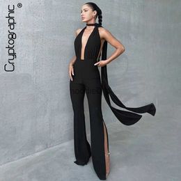 Women's Jumpsuits Rompers Cryptographic Deep V Wrap Around Halter Sexy Backless Flare Pants Jumpsuits Fashion Outfits for Women One-Piece Rompers Overalls L230926