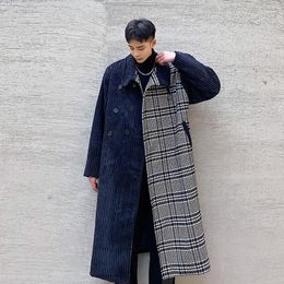 Men's Wool Men's Coat Corduroy Splice Long Trenchcoat Men Korean Streetwear Vintage Chic Fashion Loose Trench Jacket Outerwear