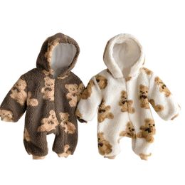 Rompers Winter Baby Clothes Cute Bear Fleece Hooded Jumpsuit for Boy Girl Thicken born Romper Autumn Warm Toddler Kids Clothing 0-24M 230925