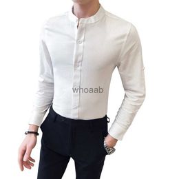 Men's Dress Shirts 2023 New Men's Solid Color Slim Fit Stand Collar Fashion Long Sleeve Casual Business Shirts Male Round Dress O Neck Blouses YQ230926