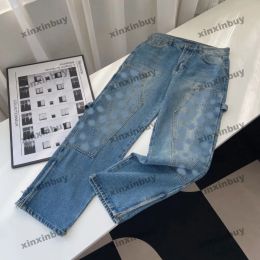 xinxinbuy Men women designer pant emboss letter denim jeans Zipper hems pocket destroyed Spring summer Casual pants blue black apr217j