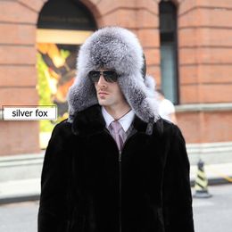 Berets Winter Warm Men's Real Silver Fur Bomber Hat Raccoon Ushanka Cap Trapper Russian Man Ski Hats Caps Leather