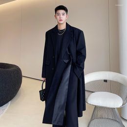 Men's Wool Men Silk Splice Side Split Long Woollen Trenchcoat Man Coat Korean Streetwear Trend Fashion Casual Loose Trench Jacket Overcoat