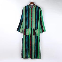 Men's Sleepwear 3XL Men Sleep Robes With Pocket Loose Long Sleeve Vintage Stripe Shirts For Islamic Arab Lounge Nightgown Muslim Robe