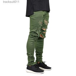 Men's Jeans Men Zipper Destroyed Jeans Stretch Fashion Army Green Ripped Men Skinny Jeans Y2631 L230926