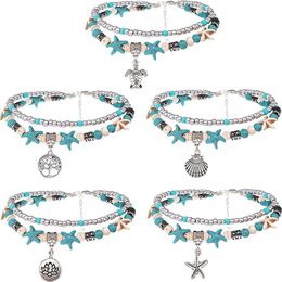 Layered Beach Anklets for Women Girls Adjustable Sea Turtle Anklets Bracelets Boho Turquoise Summer Ankle Foot Jewelry255G