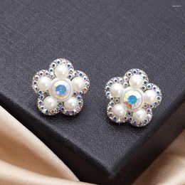 Stud Earrings Korean Fashion Zinc Alloy Inlaid Rhinestone Retro Flower Pearl For Women Aesthetic Trending Products Cute Girls Jewellery